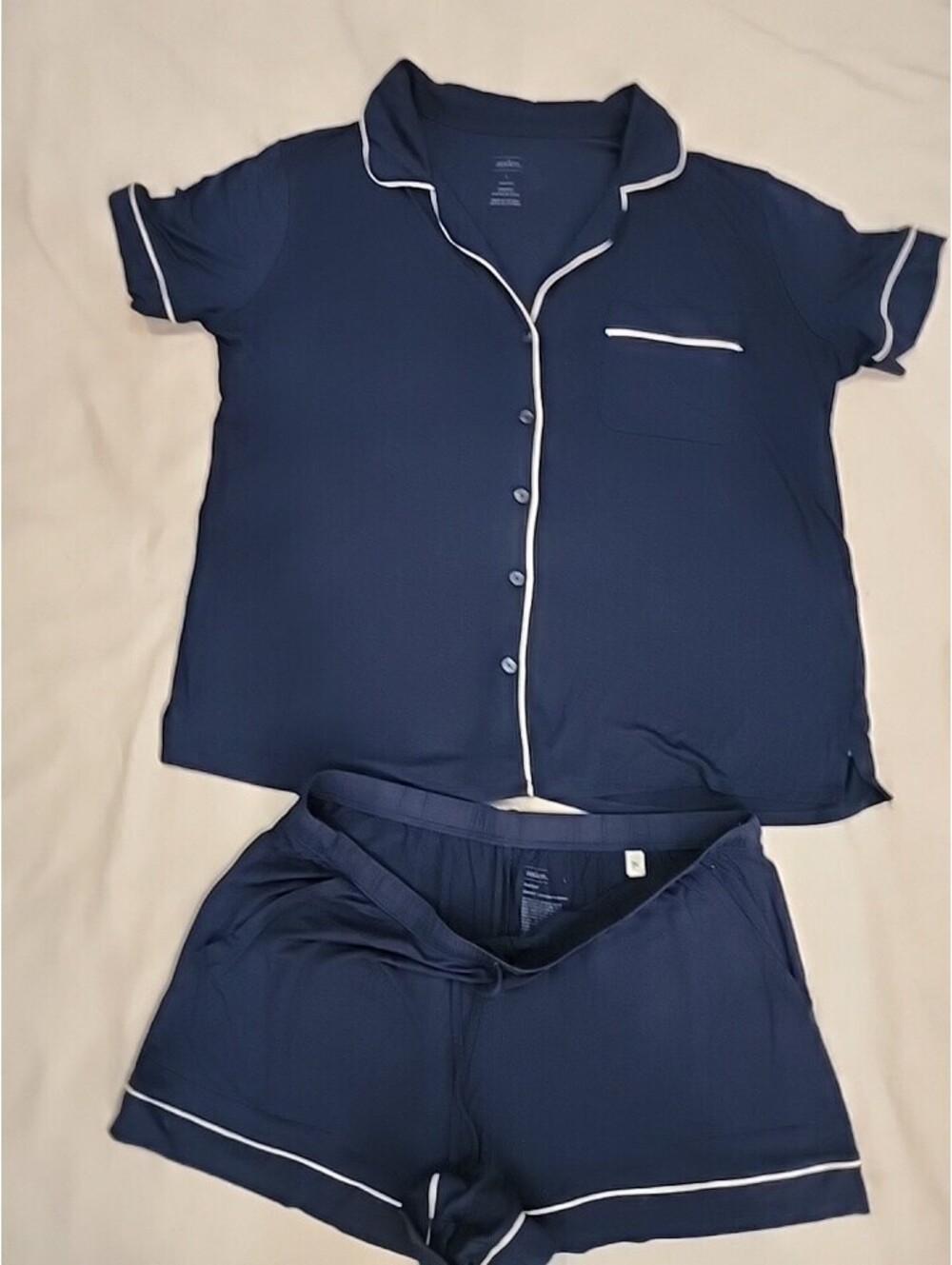 Auden Cloud Knit Pajama Set Navy L Short Sleeve Button Closure Piping Accents